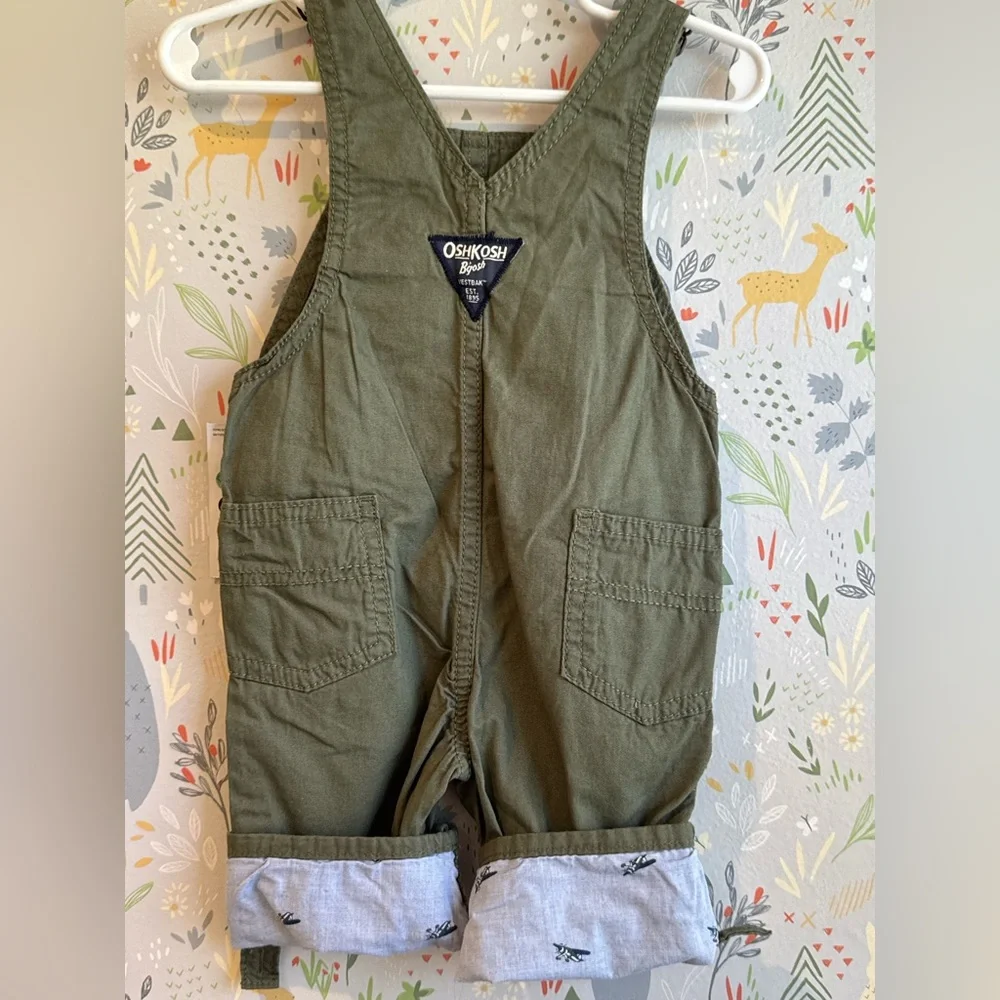 NWT Oshkosh baby B’gosh 6 Month Airplane Lined/ Cuff Army Green Vestbak Overalls